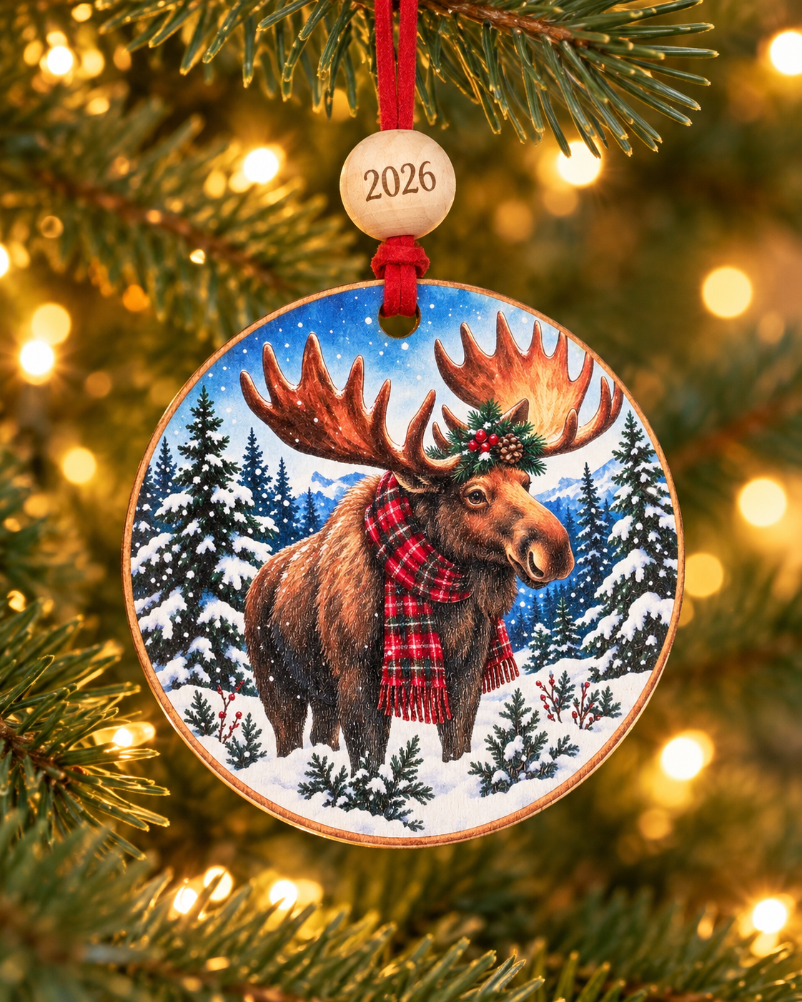 Moose in Plaid Scarf Christmas Ornament 2026 – Snowy Forest Moose