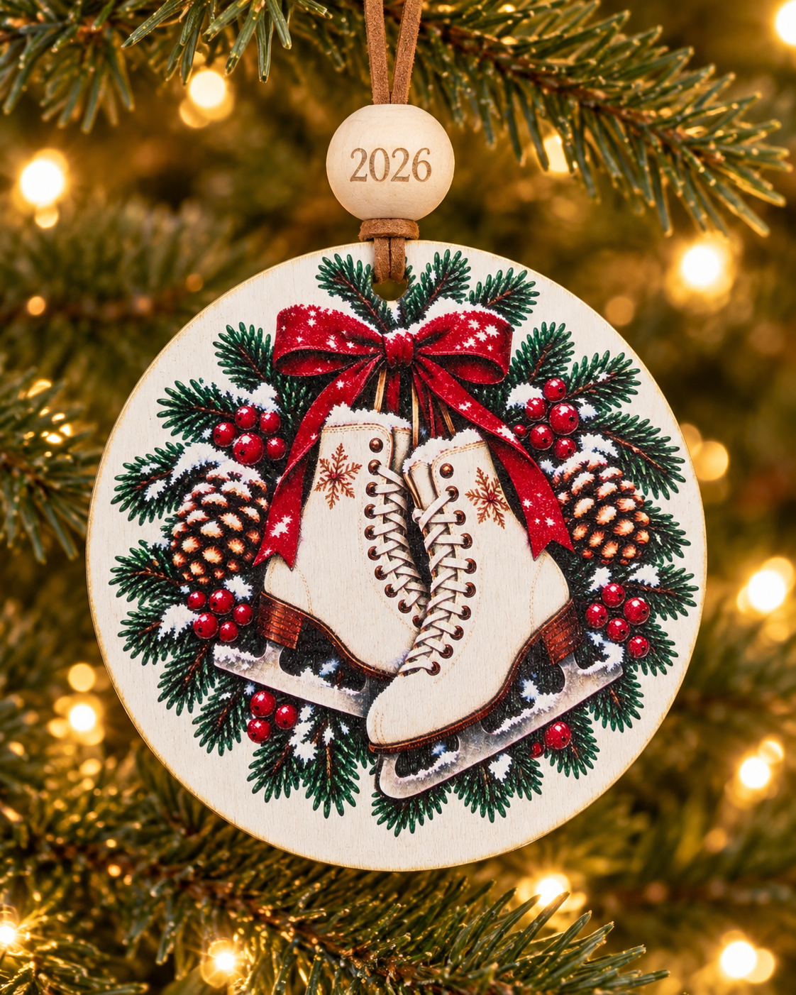 Vintage Ice Skates Christmas Ornament 2026 – Skates on a Holly Wreath