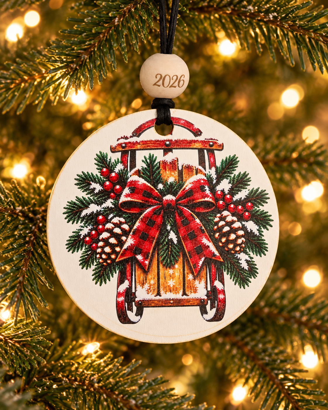Vintage Sled Christmas Ornament 2026 – Buffalo Plaid Bow Sled Ornament