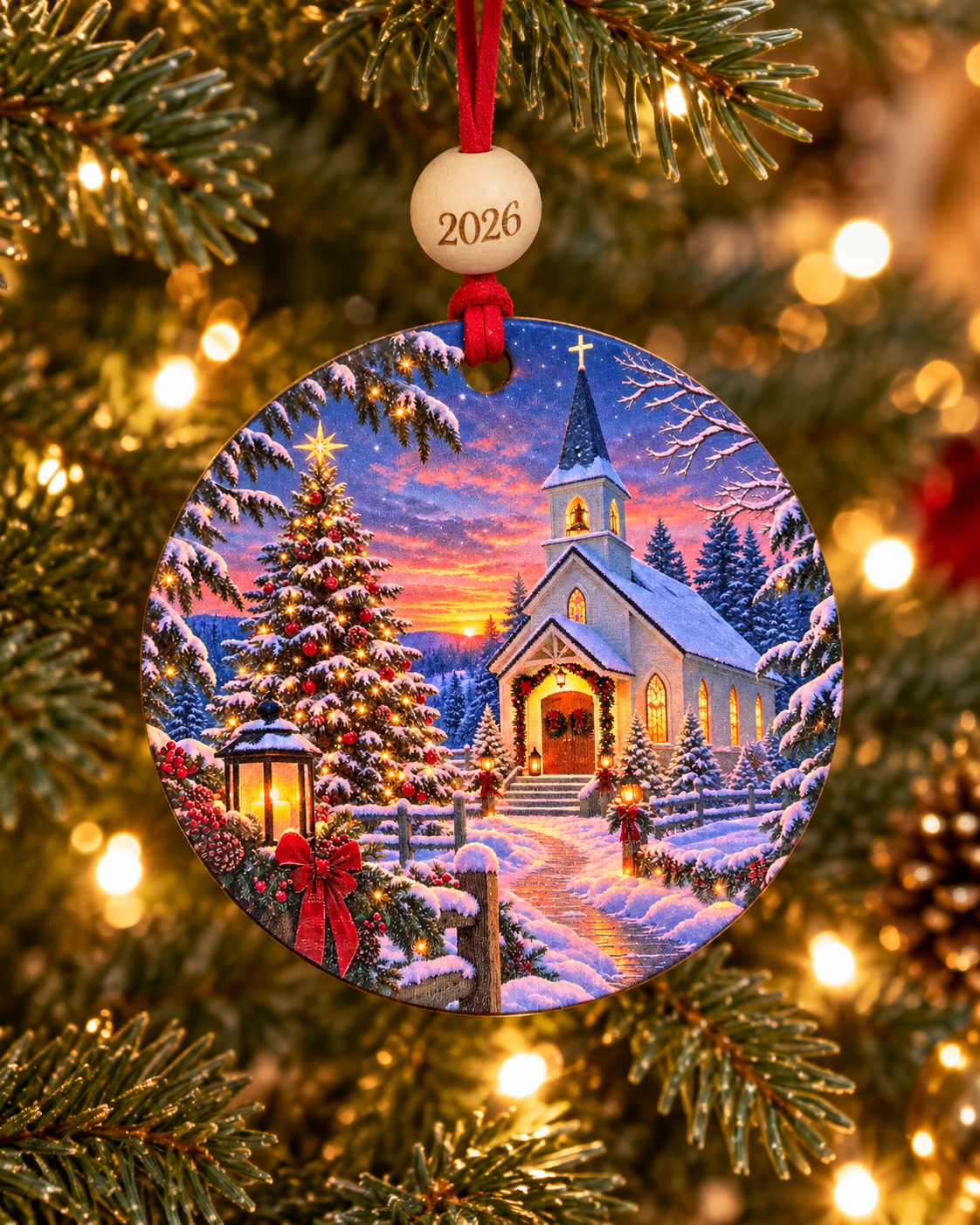 Country Church Christmas Ornament 2026 – Snowy White Chapel at Sunset
