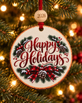 Happy Holidays Christmas Ornament 2026 – Buffalo Plaid Bow & Pine Ornament