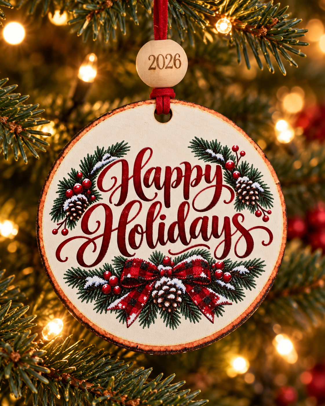Happy Holidays Christmas Ornament 2026 – Buffalo Plaid Bow & Pine Ornament