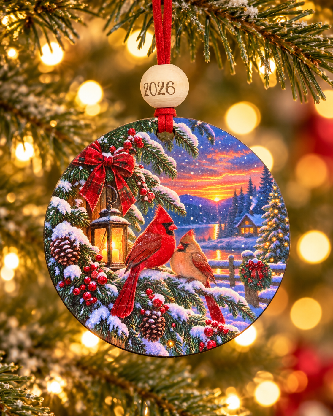 Lakeside Cardinals Christmas Ornament 2026 – Cardinal Pair at Sunset Cabin