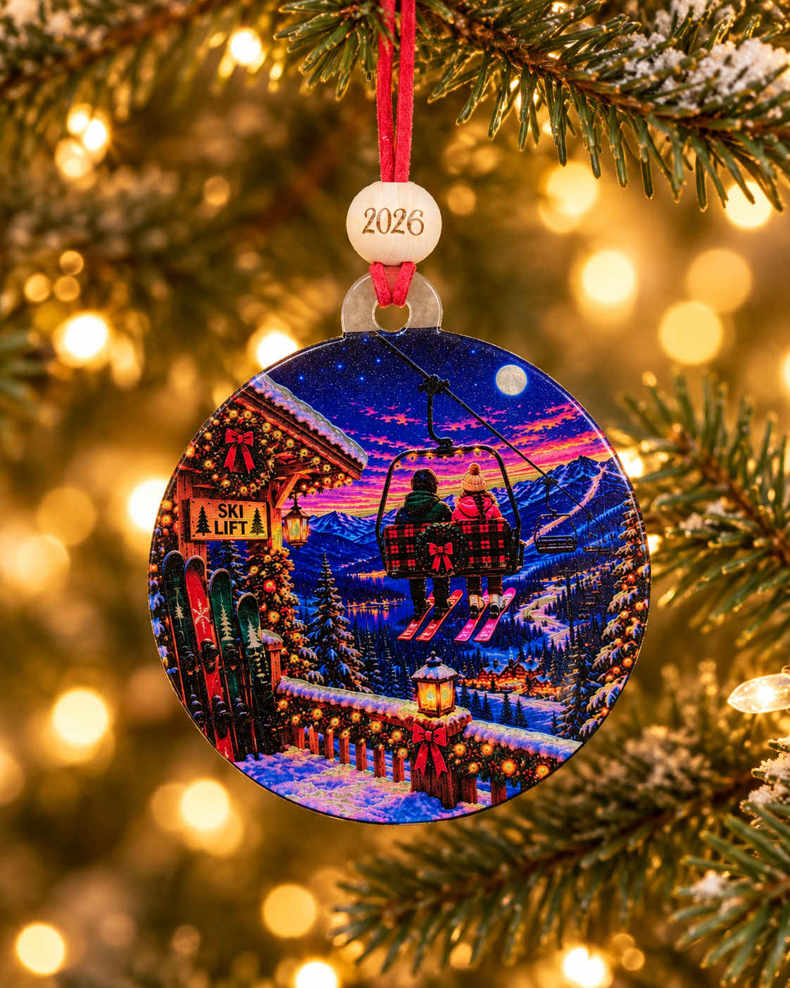 Ski Lift Couple Christmas Ornament 2026 – Moonlit Chairlift Ride