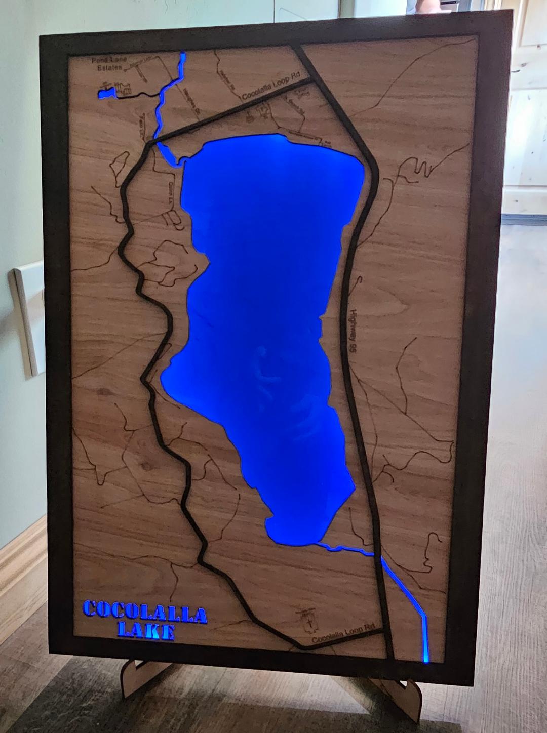 Wooden map of Cocolala Lake. 