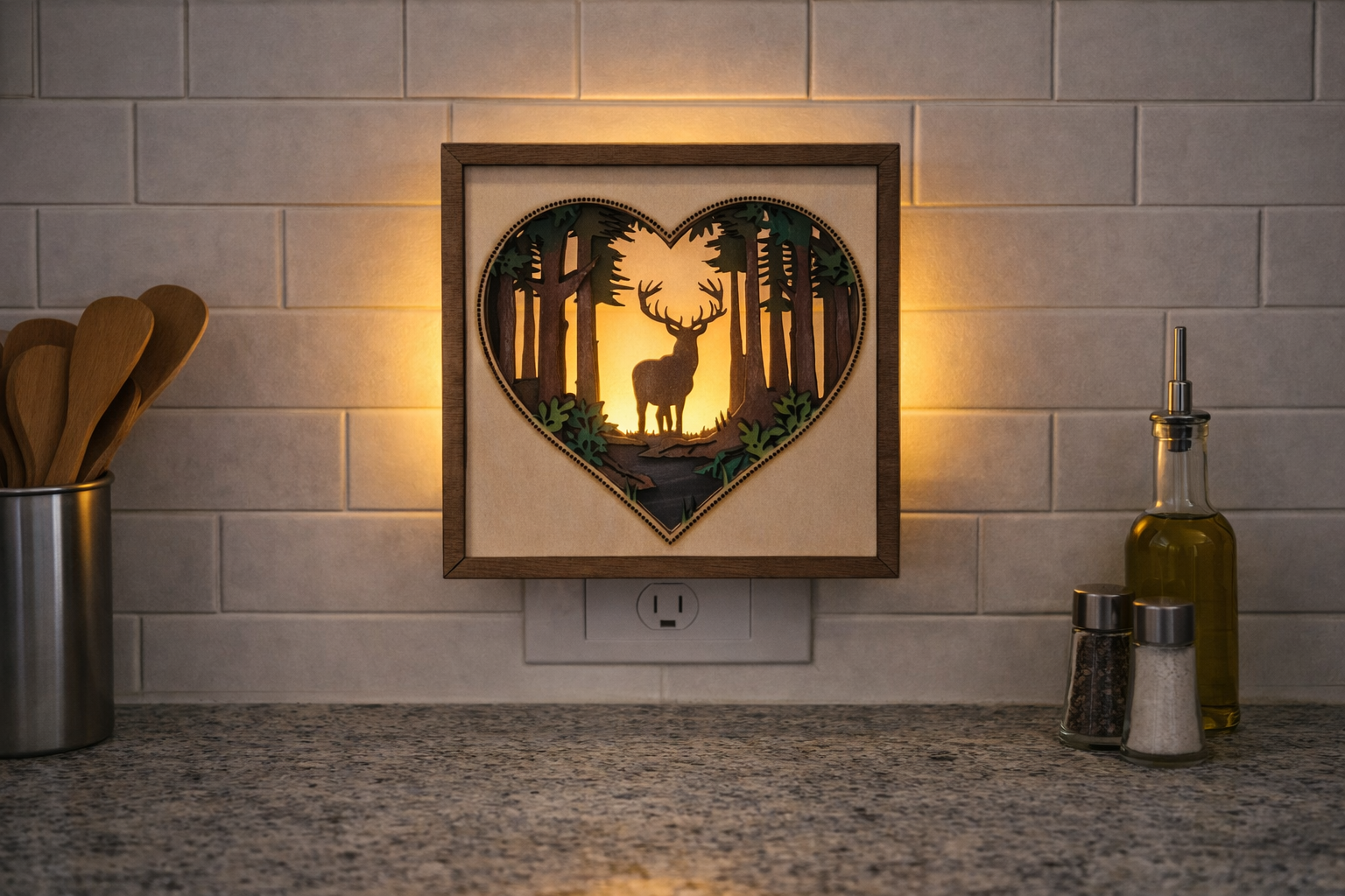 back lit deer in the heart shaped forest. dusk to dawn night light