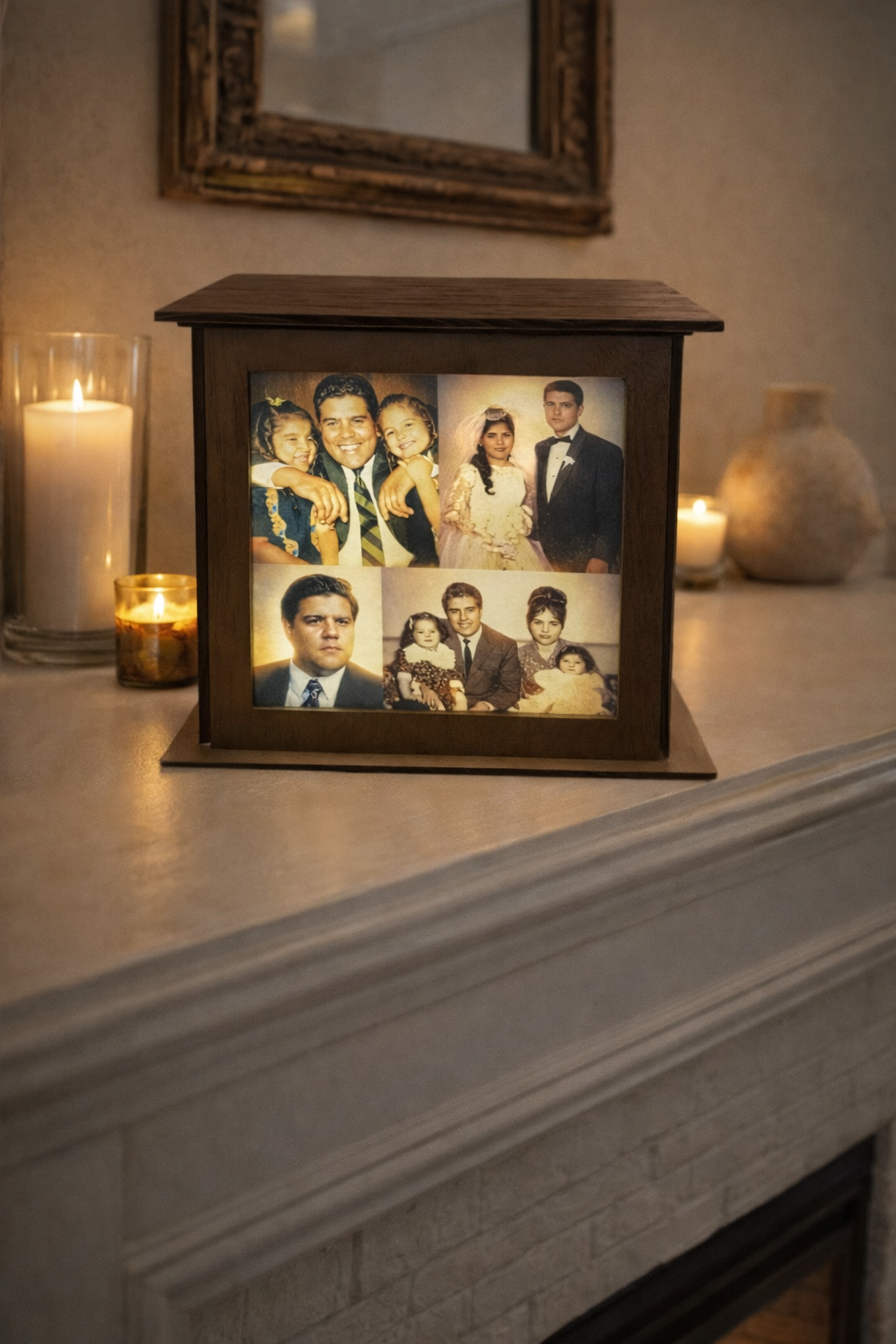 Wooden photo frame with family portraits on a mantelpiece with candles