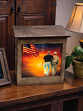 Framed artwork of a man and soldier walking together with an American flag, on a wooden surface.