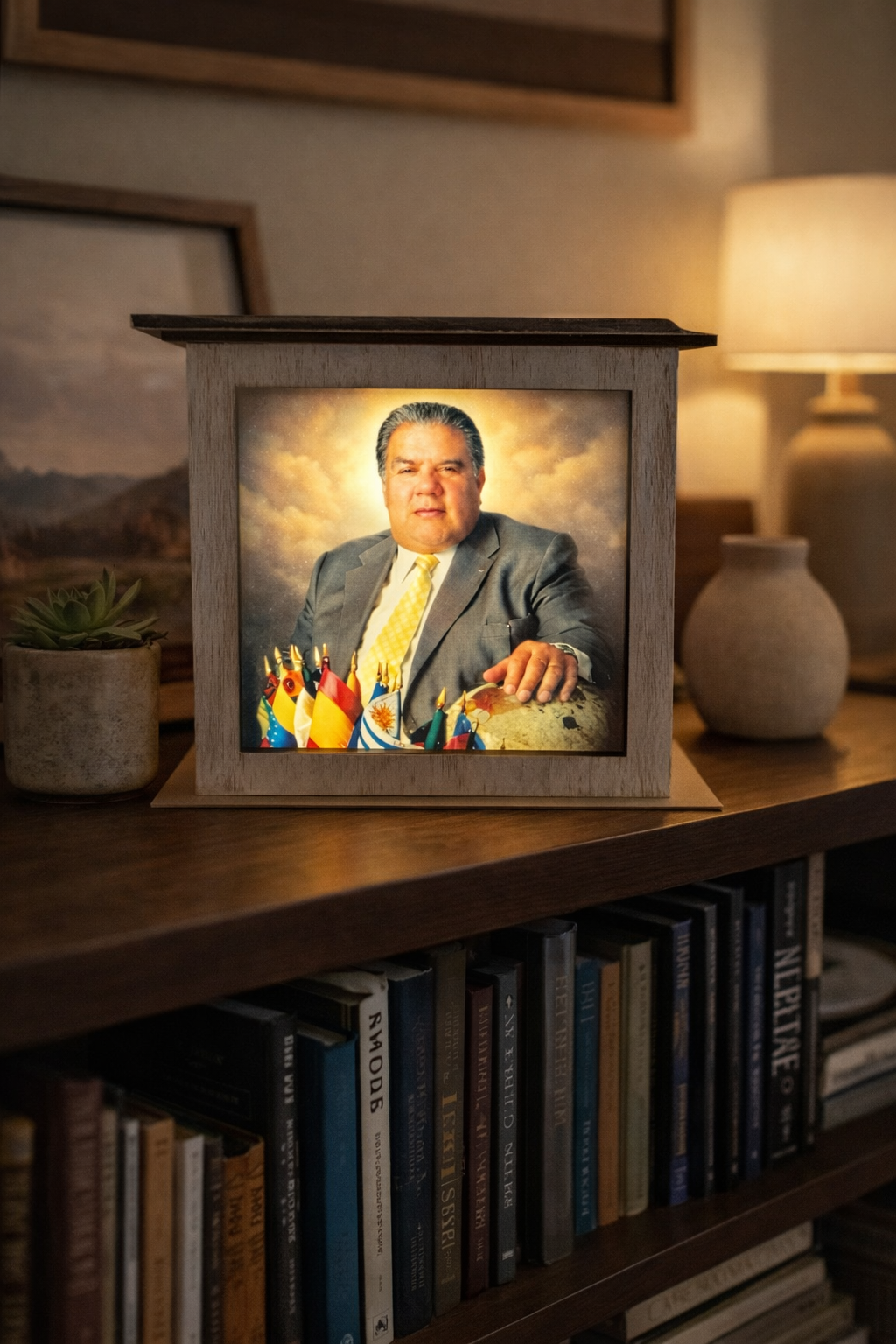 Framed portrait of a man on a shelf with books and decor