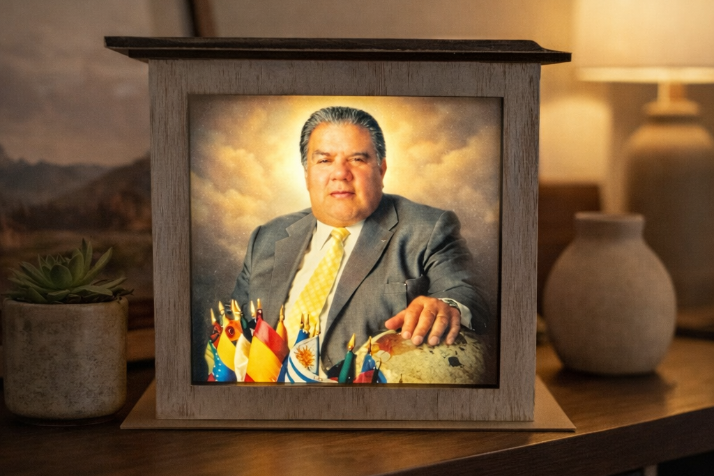 Framed portrait of a man on a shelf with books and decor
