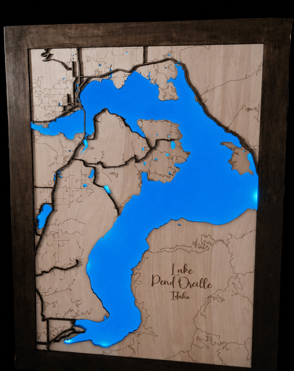 Lighted wood map of Lake Pend Oreille, Idaho with LED lighting