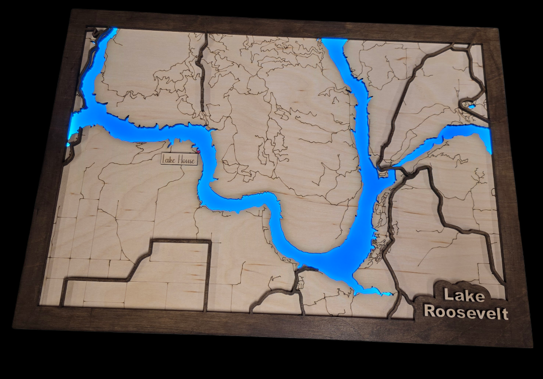 Wooden map of Lake Roosevelt with blue waterways on a dark background