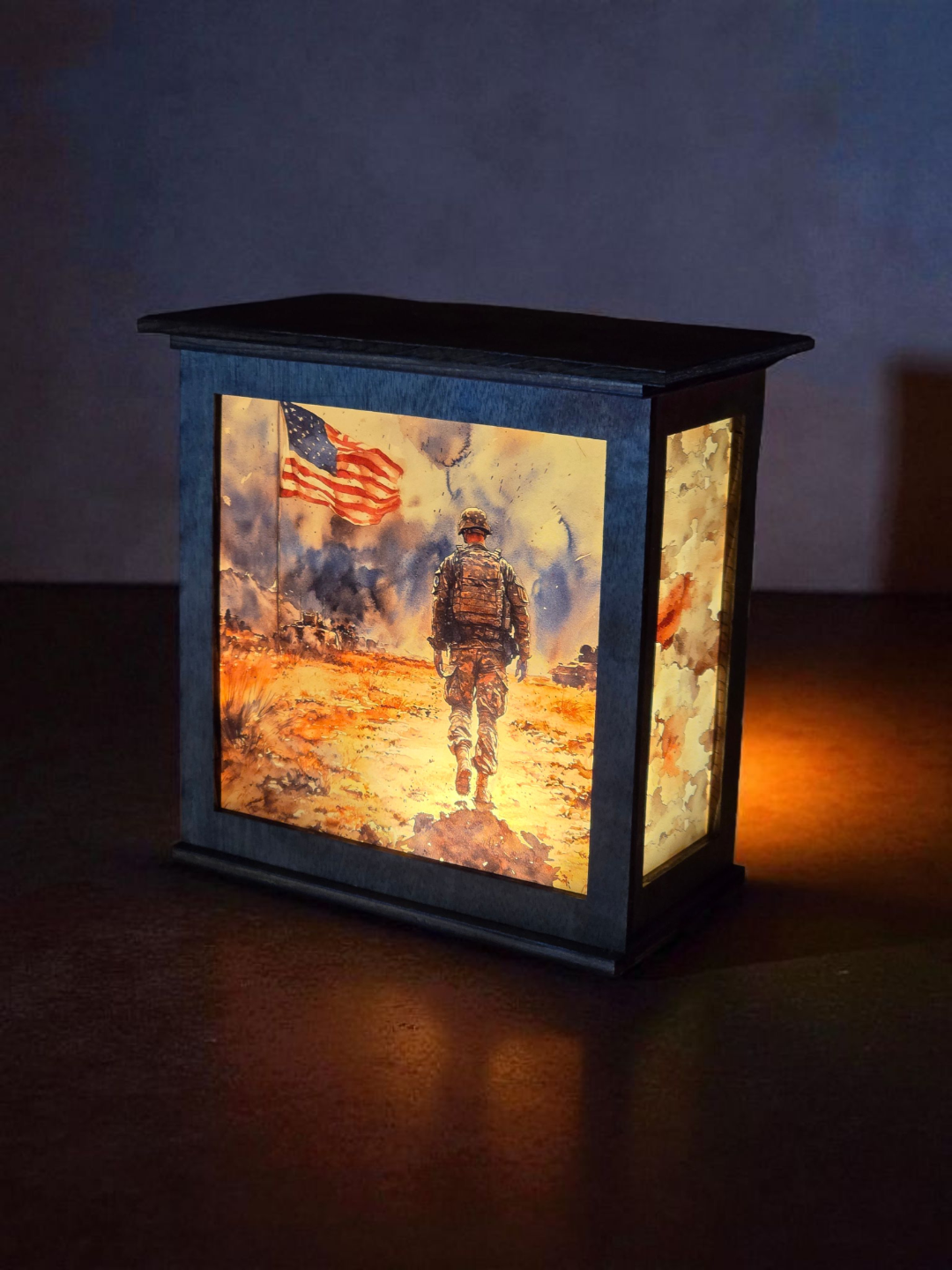 Decorative lamp with a soldier and American flag design on a dark background