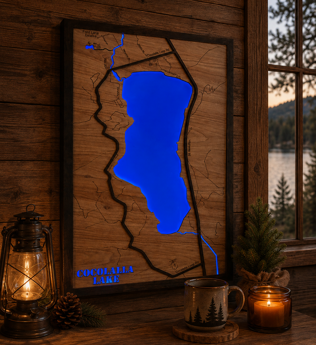 Lighted Cocolalla Lake Map | Handcrafted Wooden Lake Art