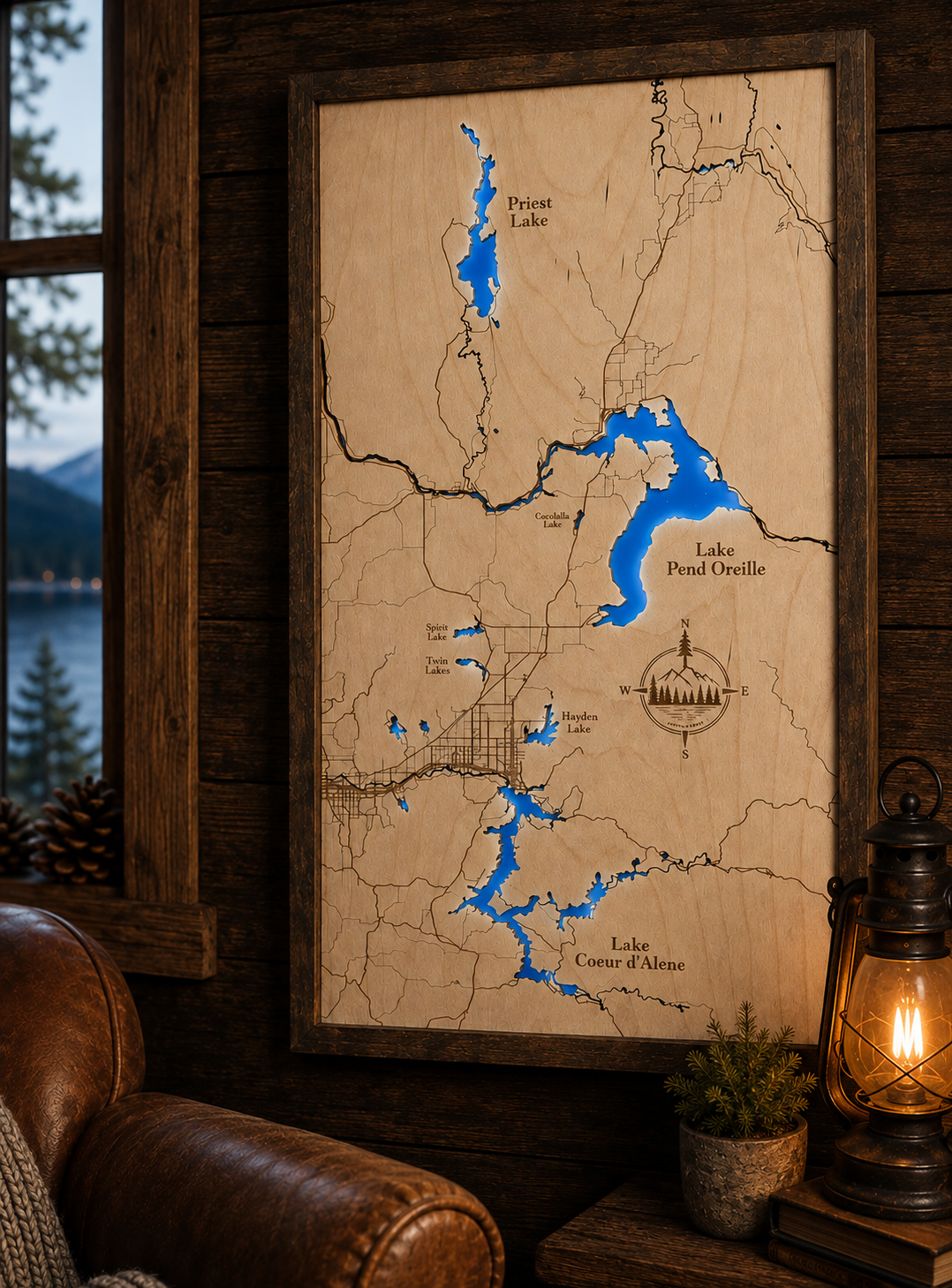 North Idaho Lakes Map, lighted birch wood wall art