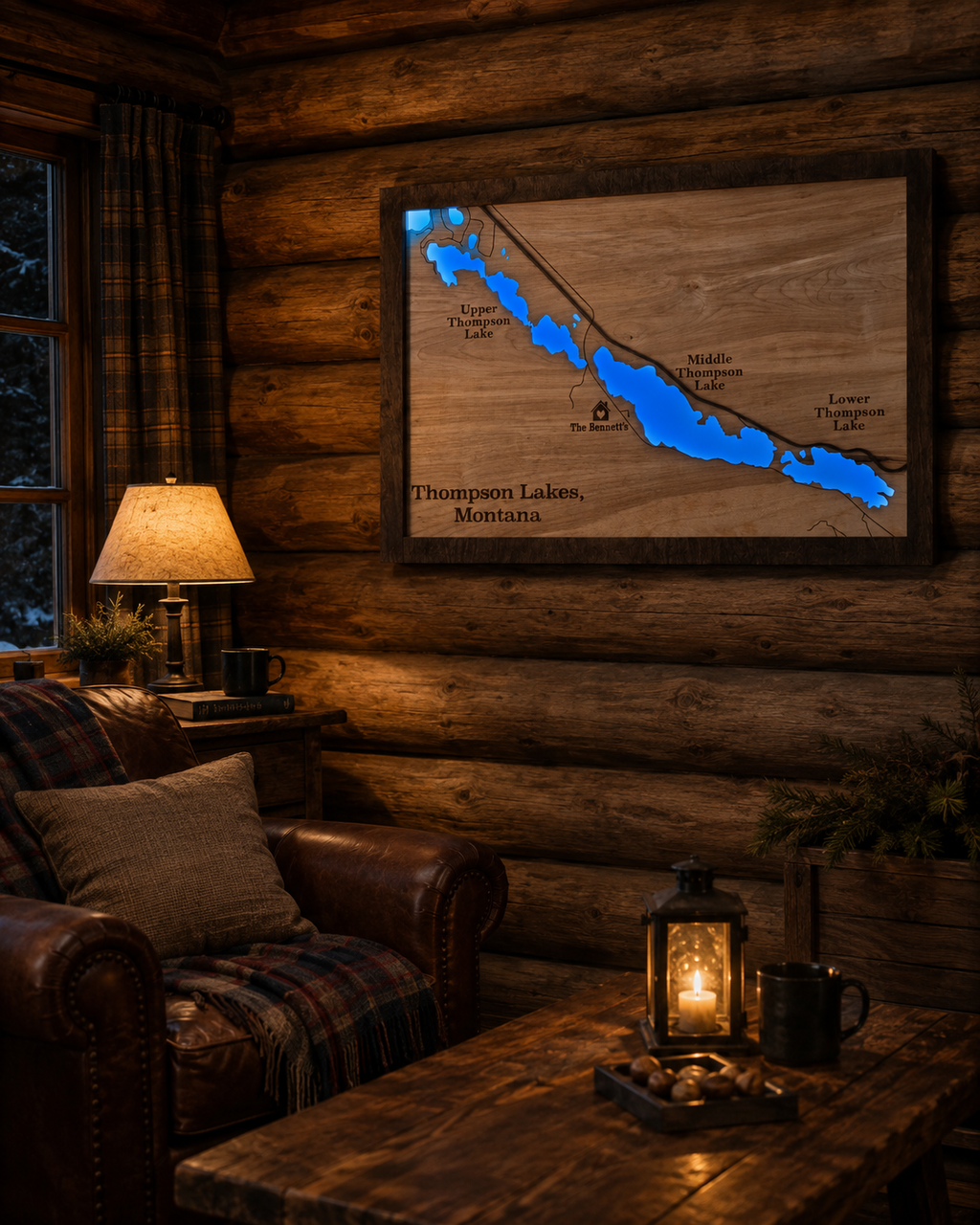 Lighted wooden Thompson Lakes Montana map glowing blue at night, hanging in a cabin near a window with lake view
