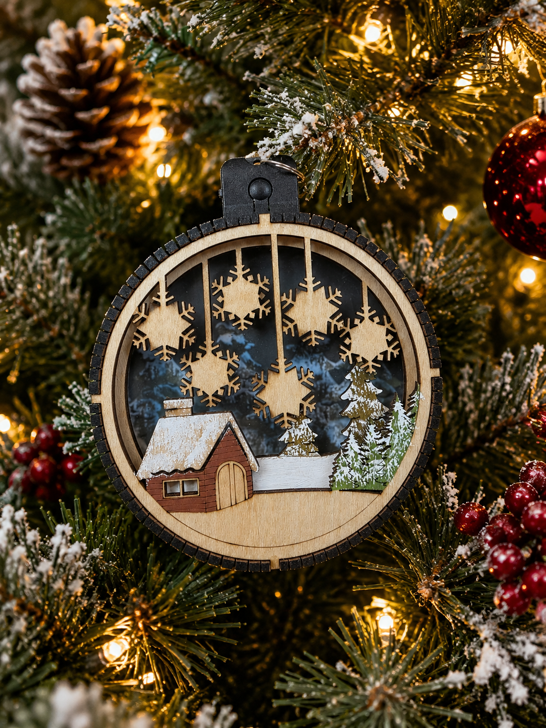 Personalized Cabin Christmas Ornament, front view