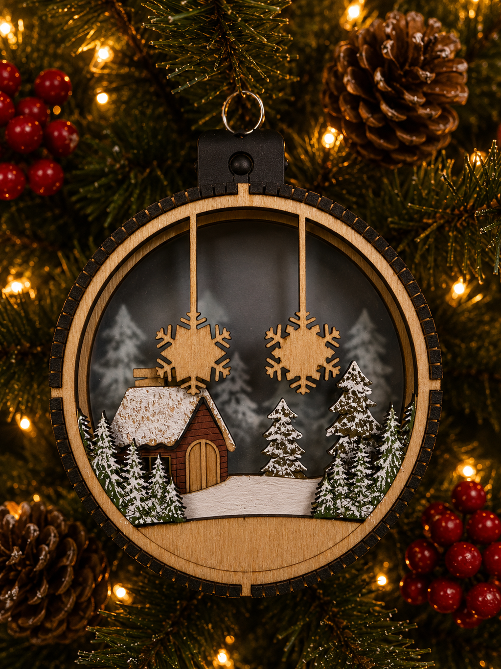 Personalized Cabin Christmas Ornament, close-up detail