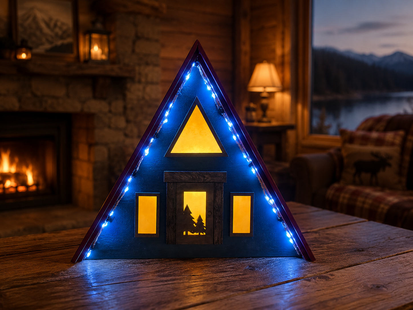 Lighted A-Frame Cabin night light, lifestyle photo on a shelf