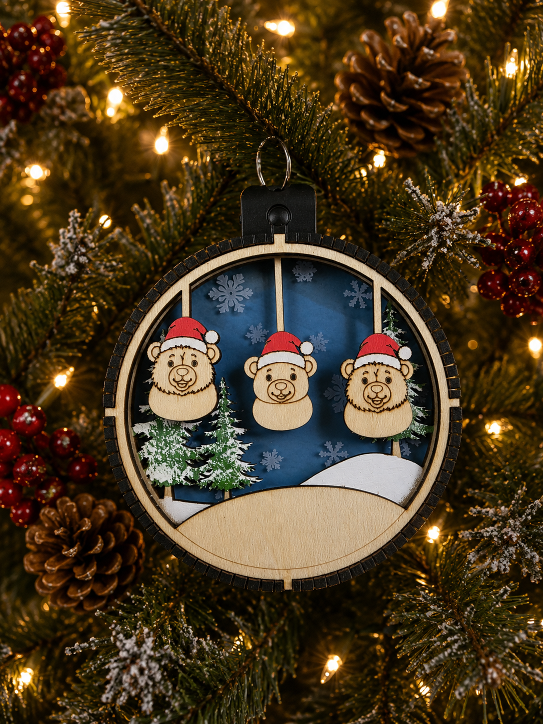 Personalized Bear Christmas Ornament hanging on a tree