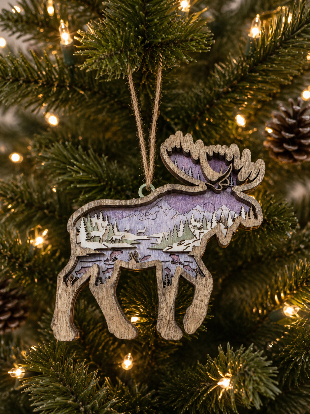 Layered wood moose ornament with purple mountain scene, deer, and pine trees, hanging on a Christmas tree