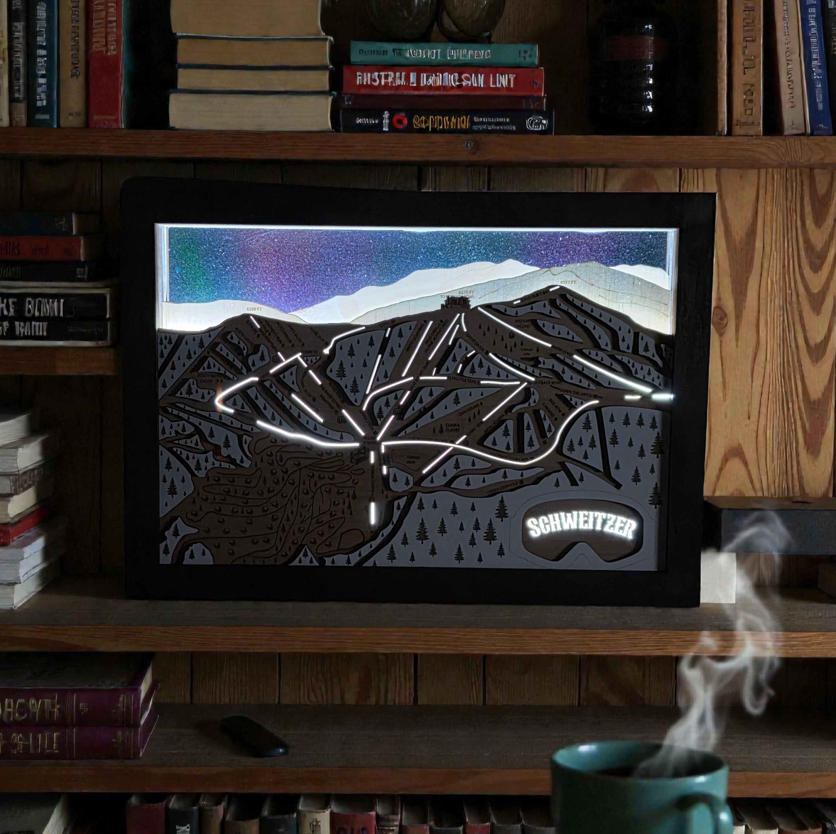 Lighted Schweitzer Mountain Ski Trail Map | Handcrafted Wood Wall Art