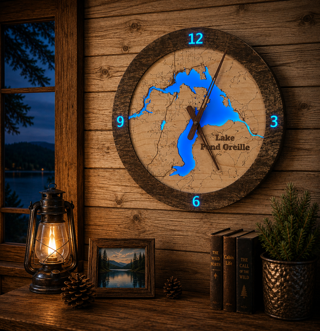 Lighted Lake Pend Oreille Clock | Handcrafted Wooden Wall Clock