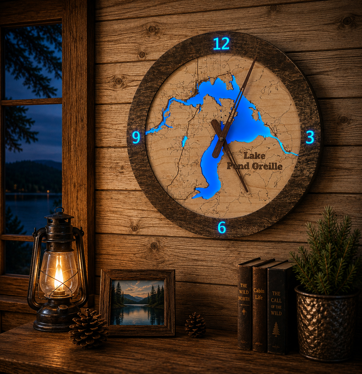 Lighted Lake Pend Oreille Clock | Handcrafted Wooden Wall Clock