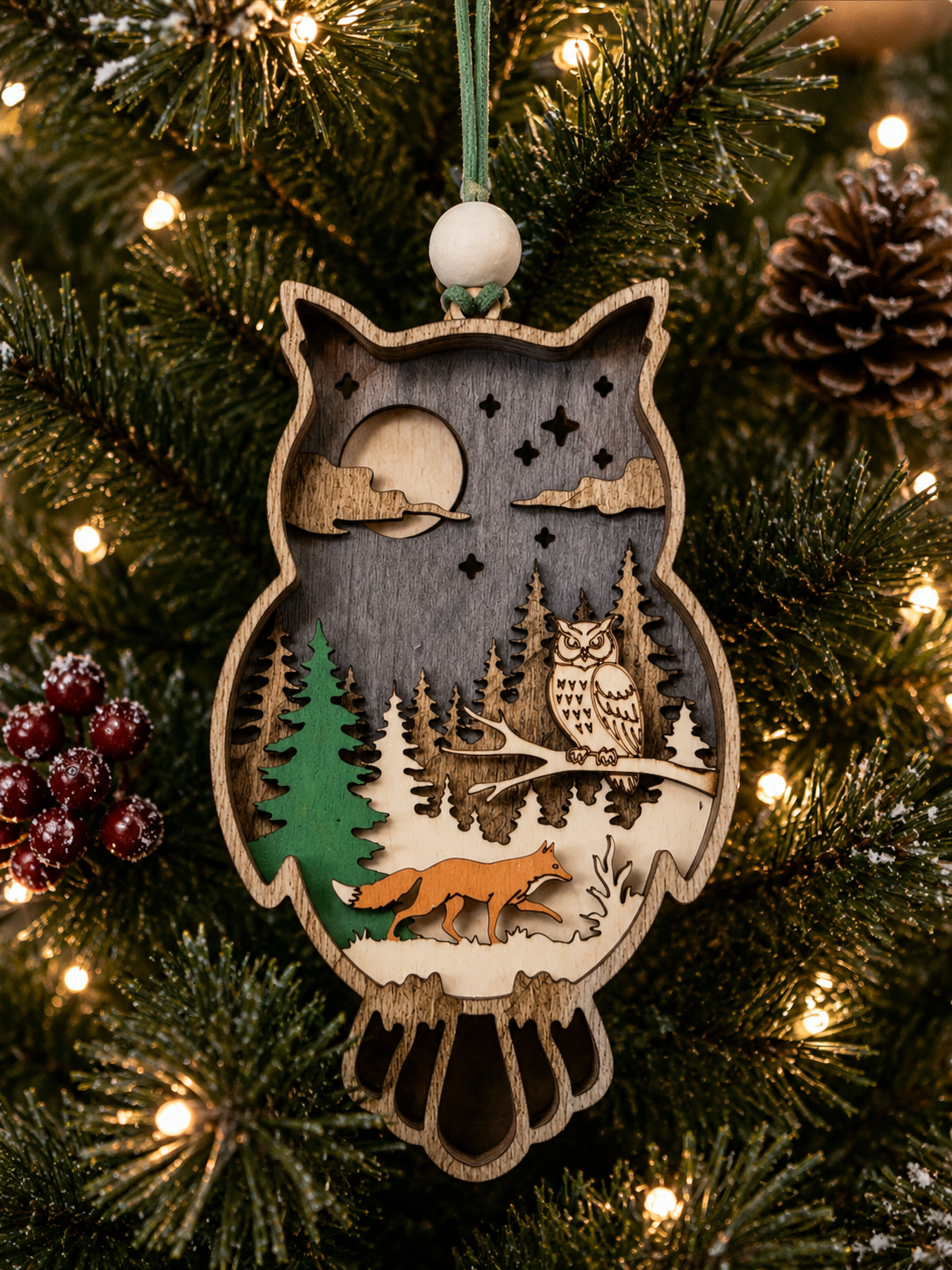 Layered wood owl ornament with perched owl, fox, moon, and pine trees, hanging on a Christmas tree
