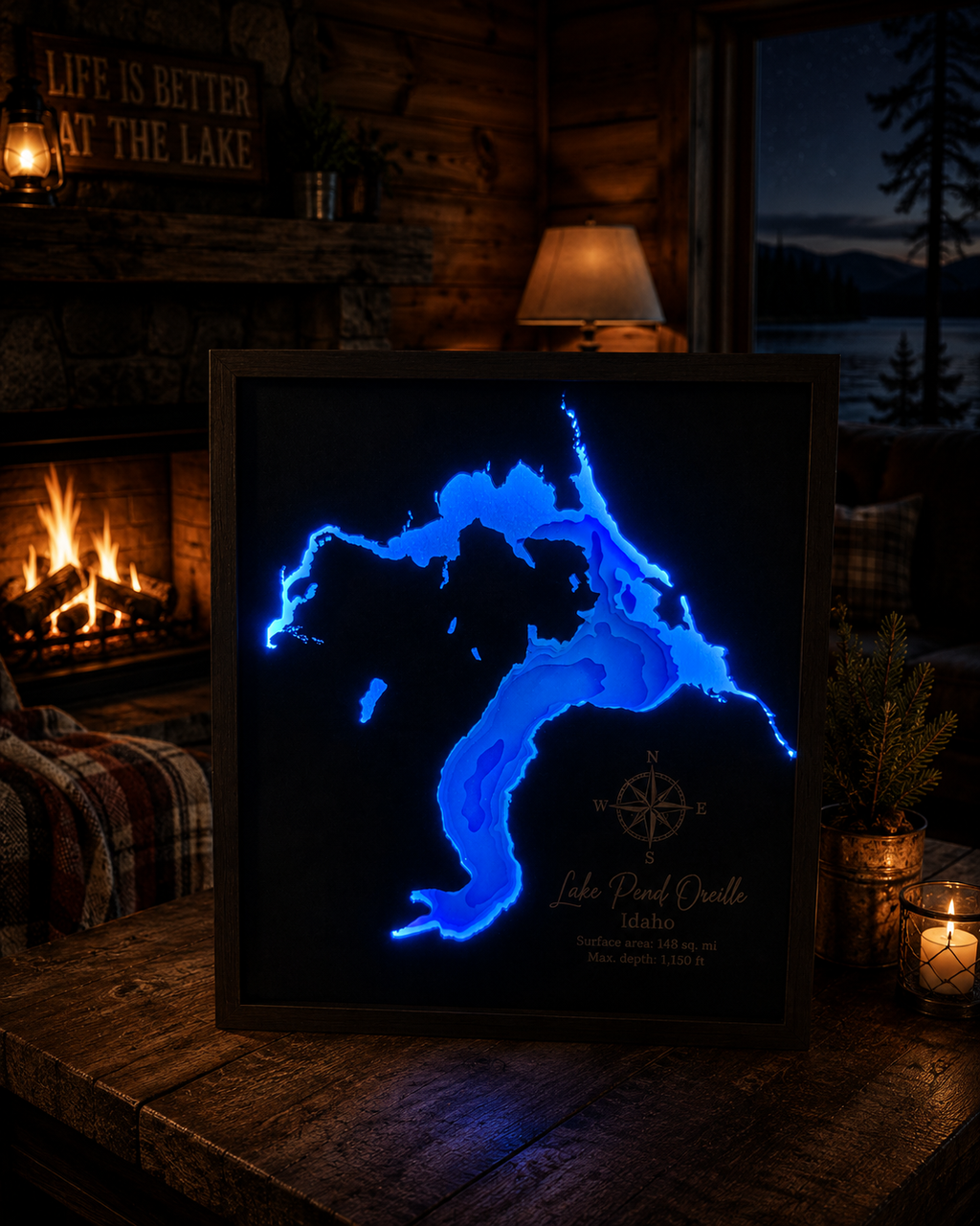 Lighted Lake Pend Oreille Depth Map, close-up detail