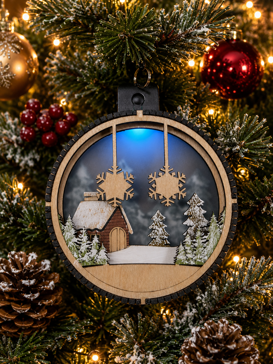 Personalized Lighted Snowflakes with Cabin Christmas Ornament, custom family keepsake