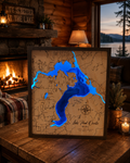 Lighted Lake Pend Oreille Depth Map, handcrafted wooden topographic art