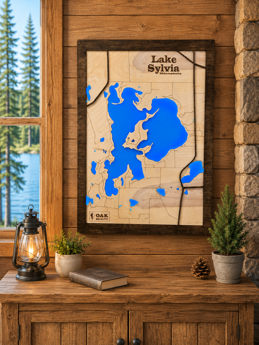 Lighted Lake Sylvia Map, handcrafted wooden lake art