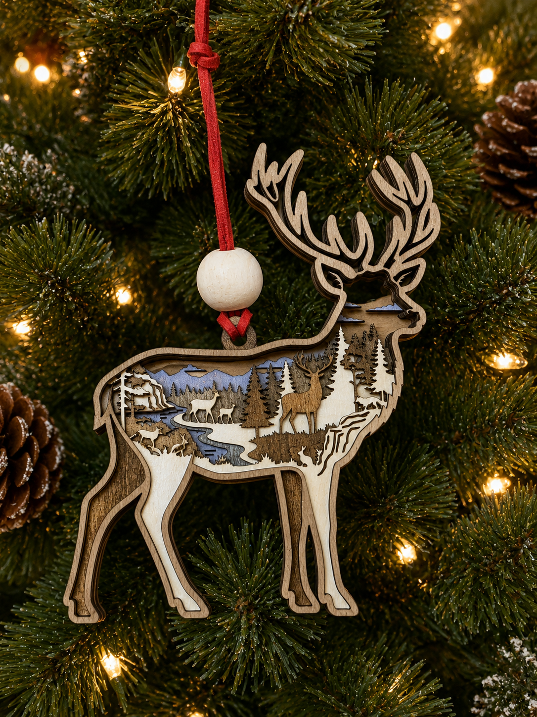 Layered wood elk ornament with river valley scene, mountains, and grazing deer, hanging on a Christmas tree