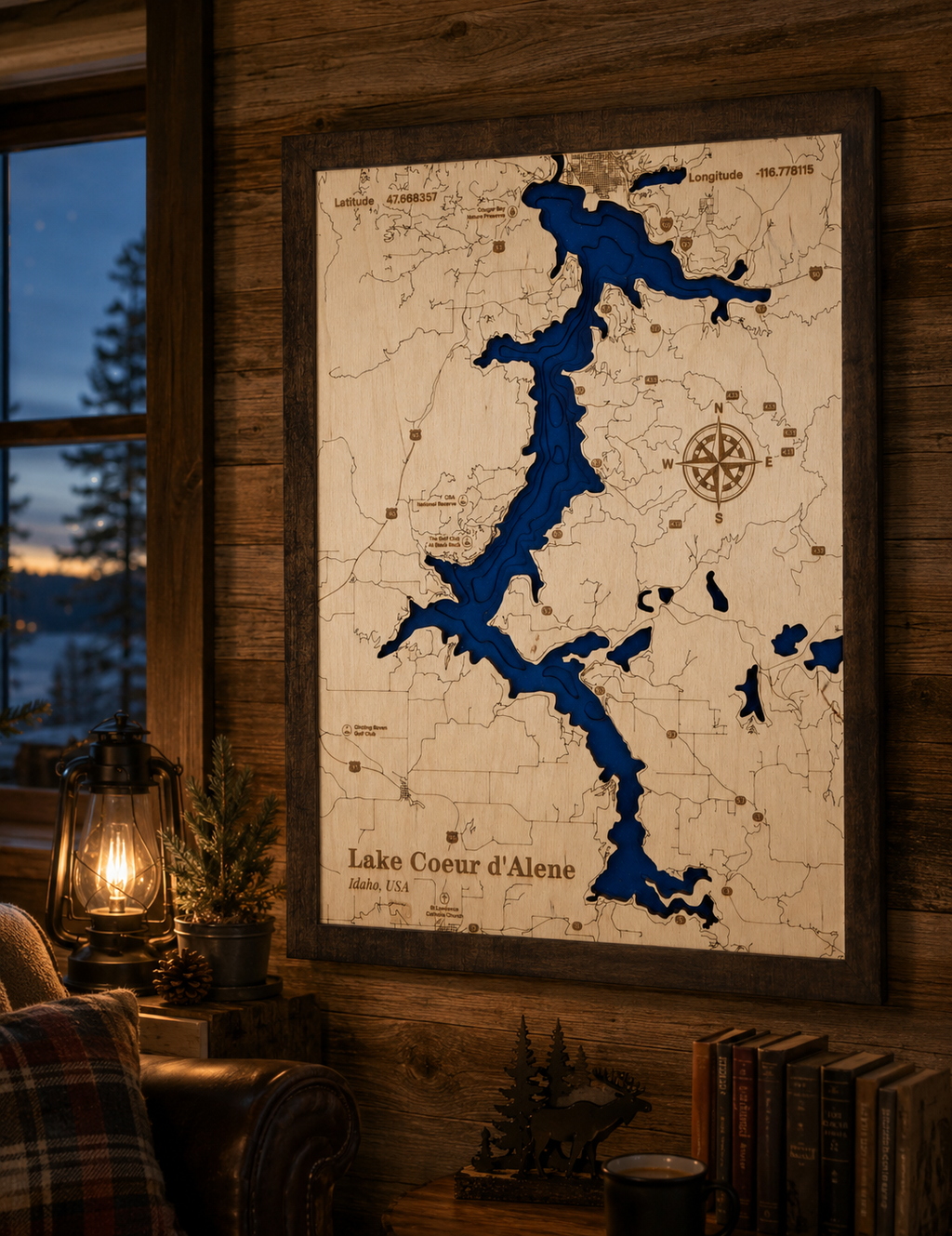 Lighted Lake Coeur d'Alene Depth Map, handcrafted wooden topographic art