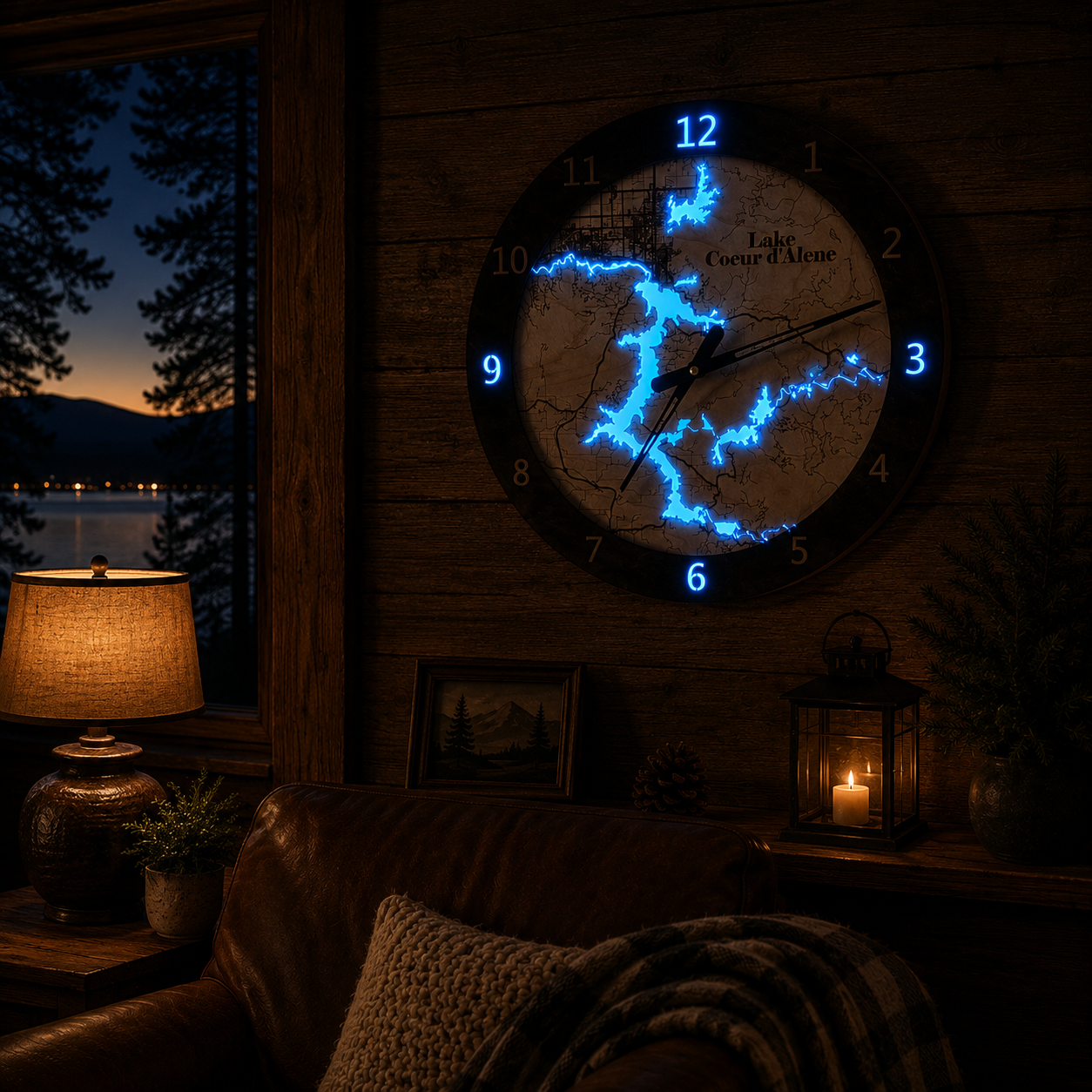 Lake Coeur d'Alene Clock displayed on a wall