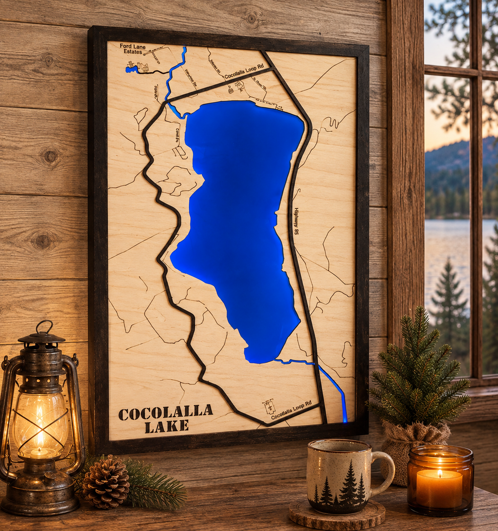 Lighted Cocolalla Lake Map | Handcrafted Wooden Lake Art