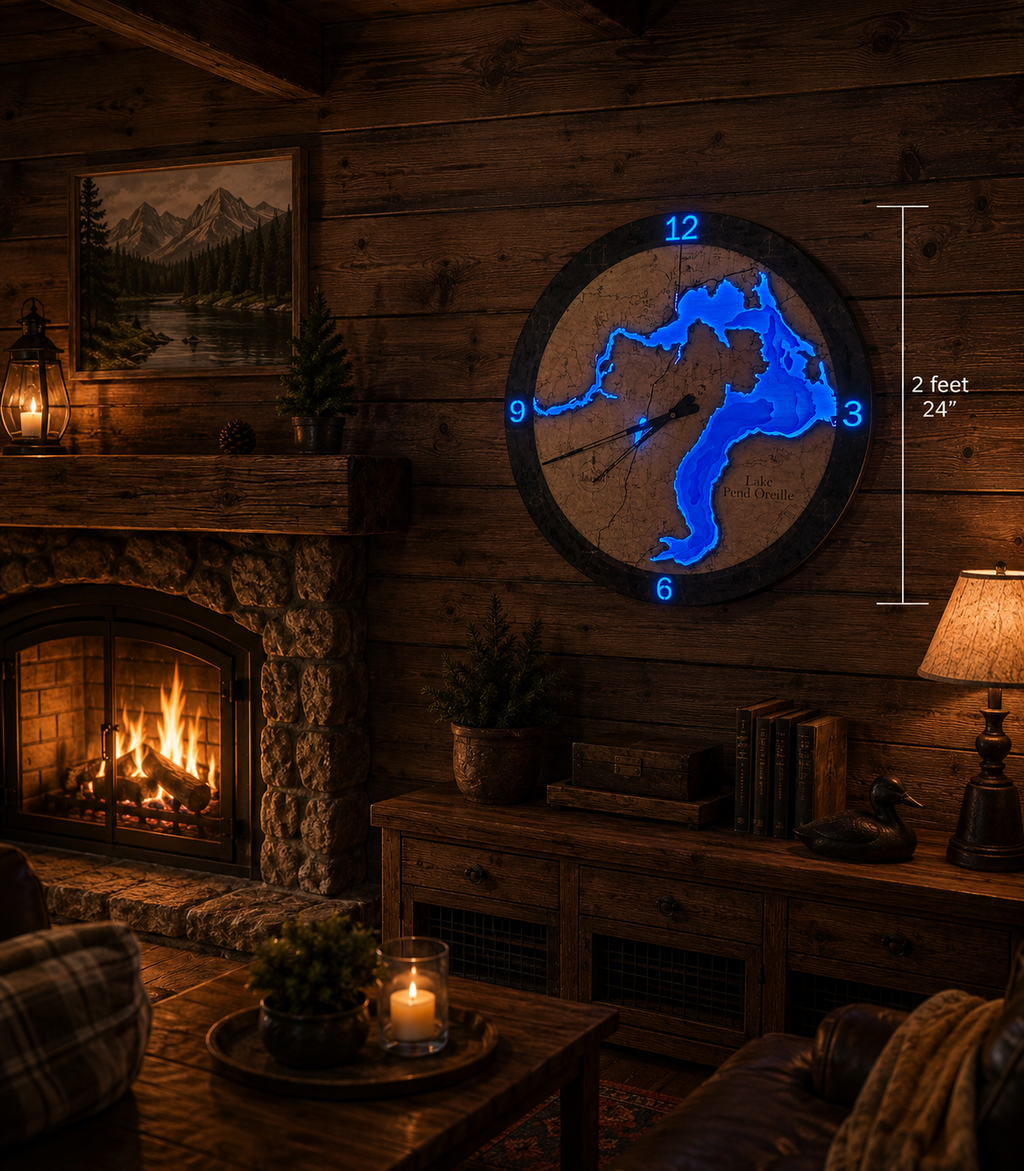 Lake Pend Oreille Depth Map Clock displayed on a wall