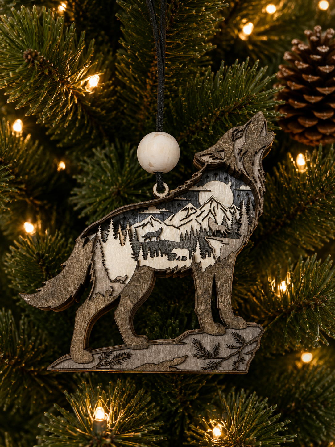 Layered wood wolf ornament with howling wolf, mountains, moon, and hidden woodland animals, hanging on a Christmas tree
