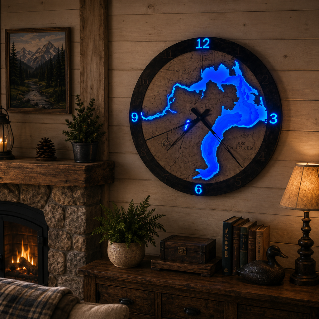 Lake Pend Oreille Depth Map Clock, handcrafted wooden wall clock