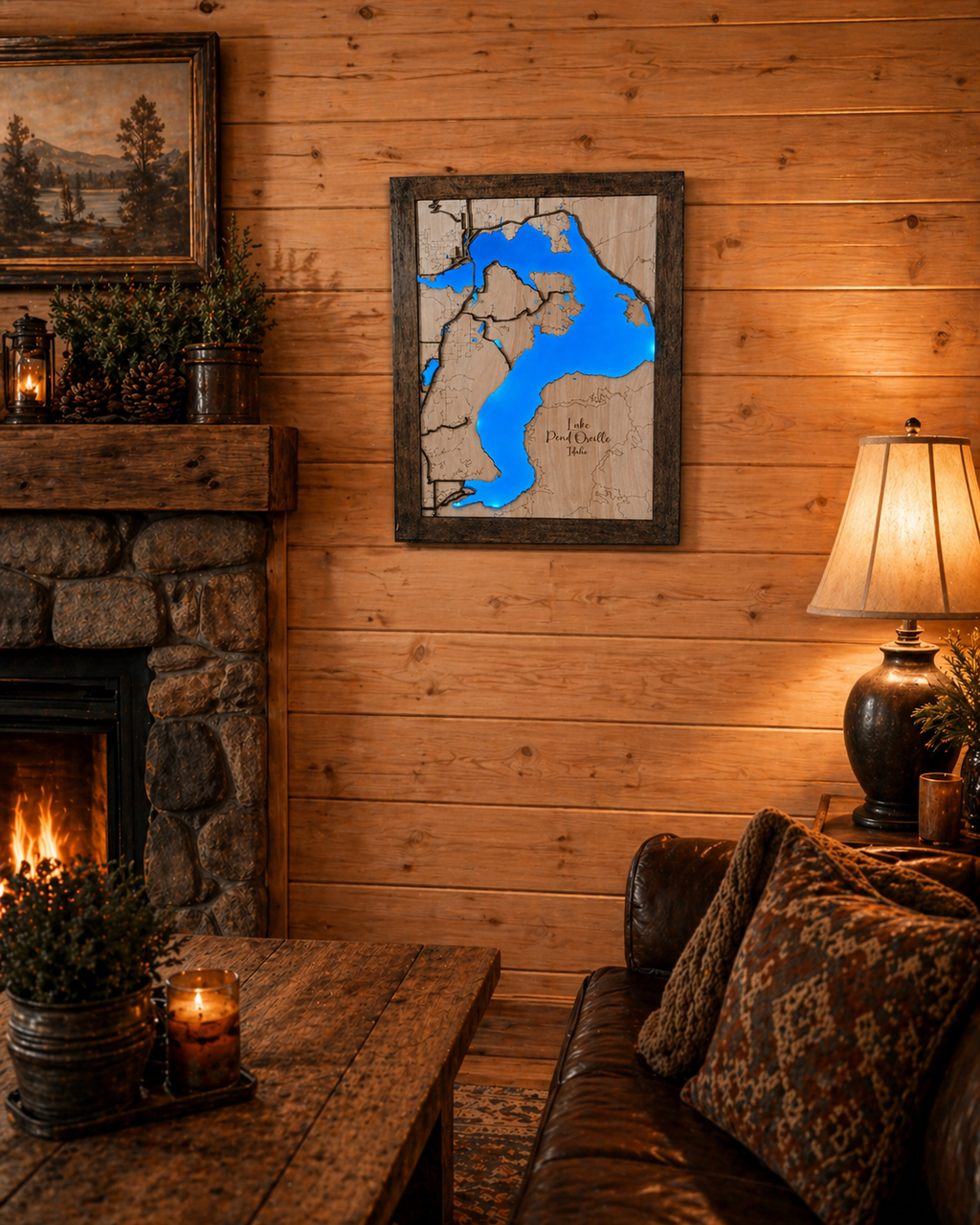 Lighted Lake Pend Oreille map hanging on a wall, lifestyle photo