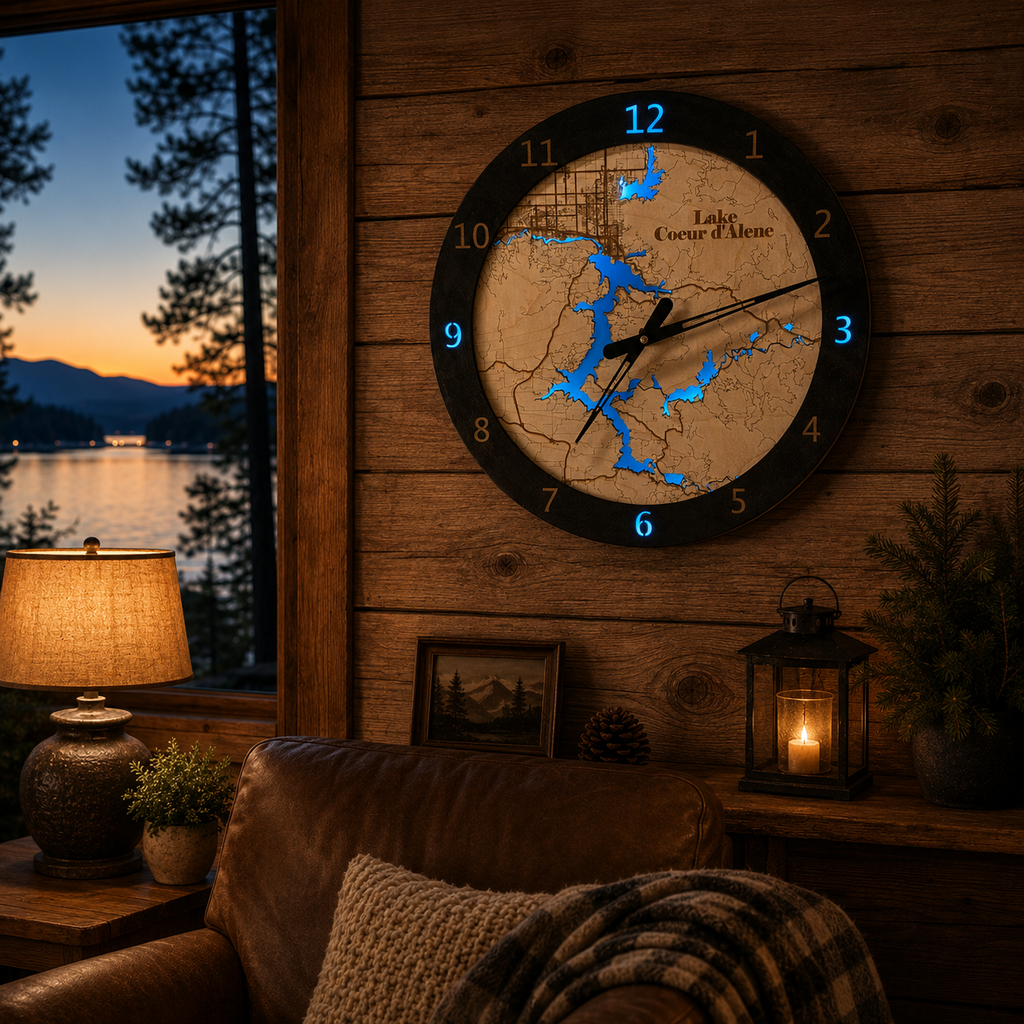 Lake Coeur d'Alene Clock, handcrafted lighted birch wood wall clock