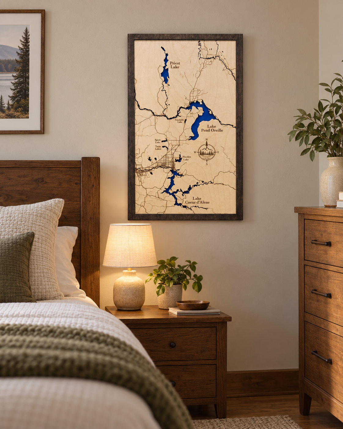 North Idaho Lakes Map — Handcrafted Lighted Birch Wood Wall Art | Priest Lake, Pend Oreille & Coeur d'Alene