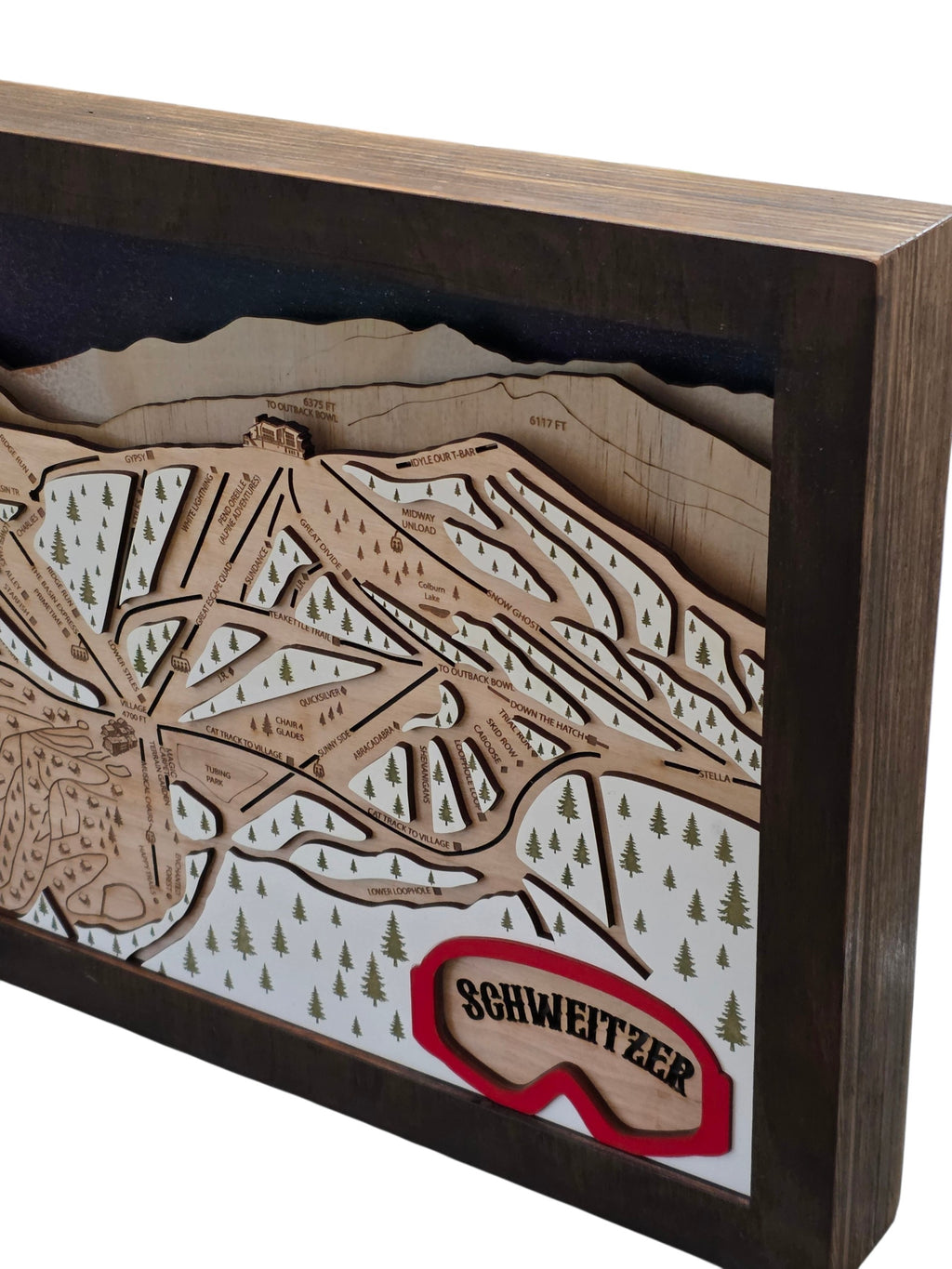 Lighted Schweitzer Mountain Ski Trail Map | Handcrafted Wood Wall Art