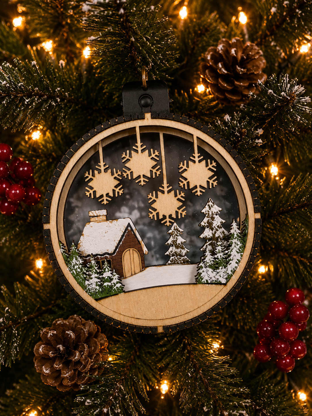 Personalized Cabin Christmas Ornament, lifestyle photo