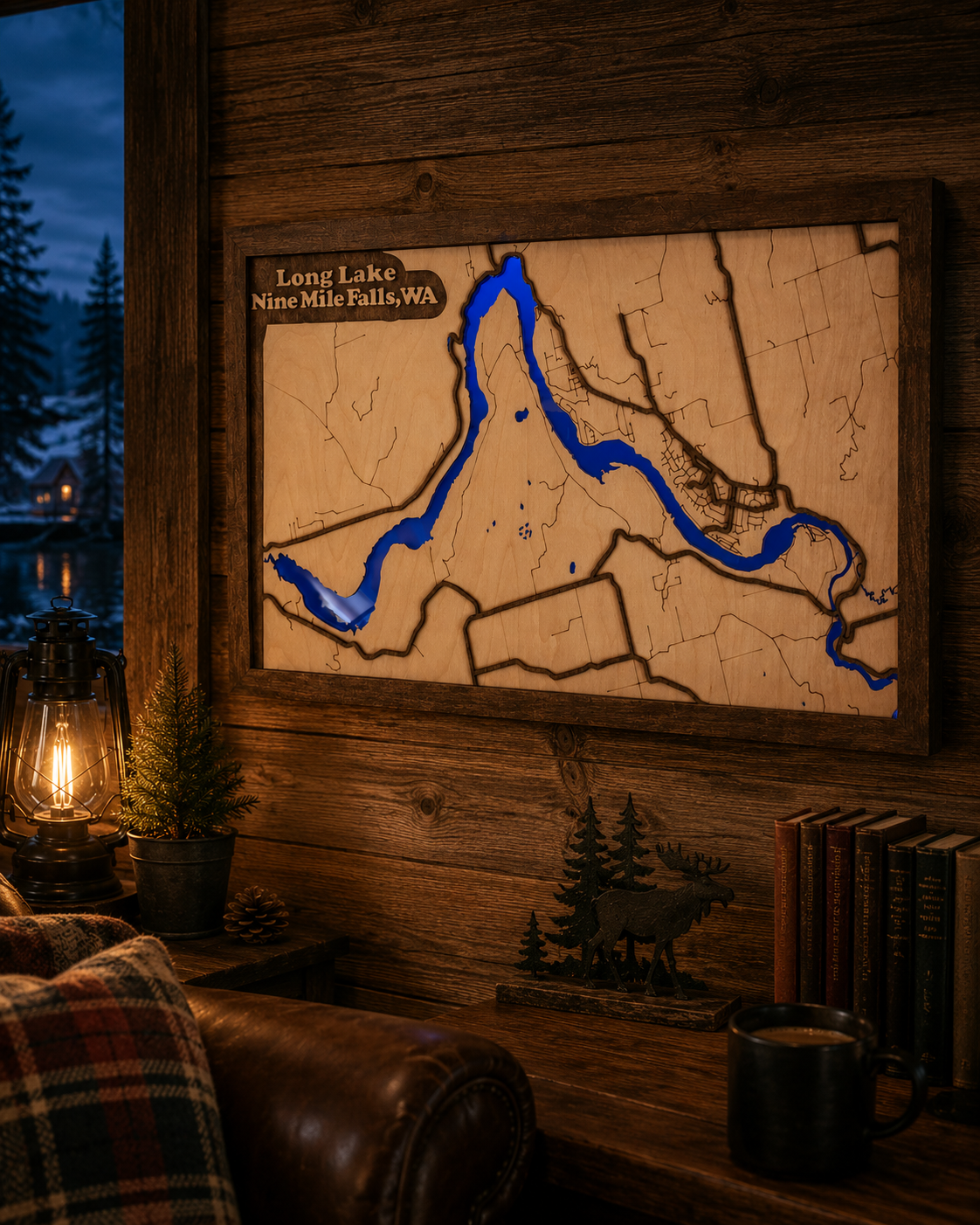 Lighted wooden Long Lake map, Nine Mile Falls WA, glowing blue, hanging on a cabin wall