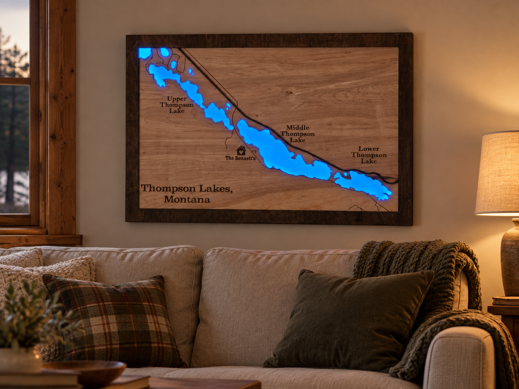 Lighted Thompson Lakes Map | Handcrafted Wooden Lake Art