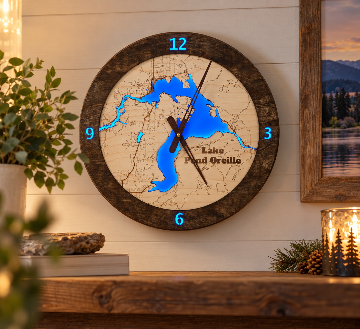 Lighted Lake Pend Oreille Clock | Handcrafted Wooden Wall Clock
