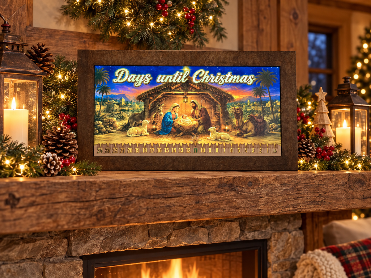 Lighted Nativity Days Until Christmas countdown with Mary, Joseph, and baby Jesus in a stable, in a wood frame on a mantel