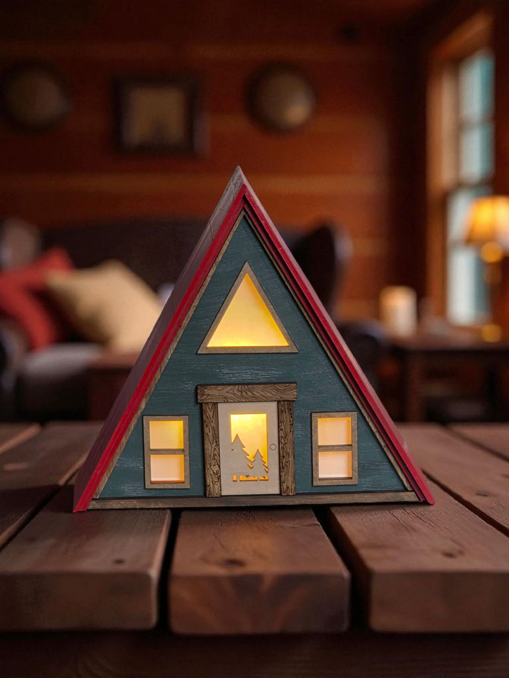 Lighted A-Frame Cabin | Wooden Night Light | Rustic Cabin Decor